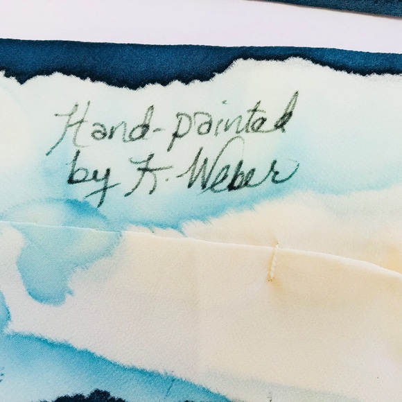 Vintage 60’s Hand Painted Signed Designer Silk Necktie Blue Silver Salmon EUC - Picture 9 of 11